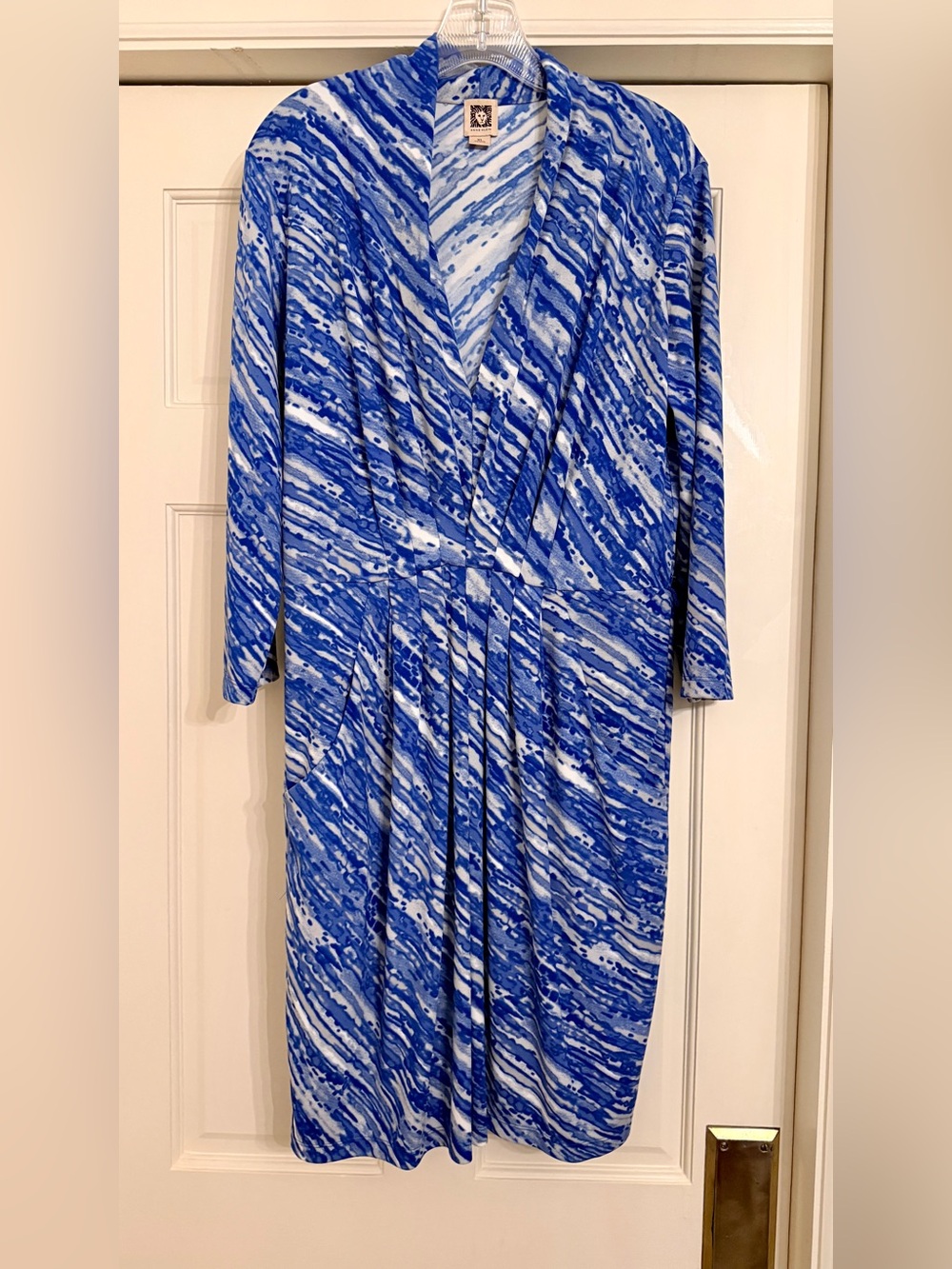 Anne Klein Blue and White Marble-Print Faux-Wrap Dress